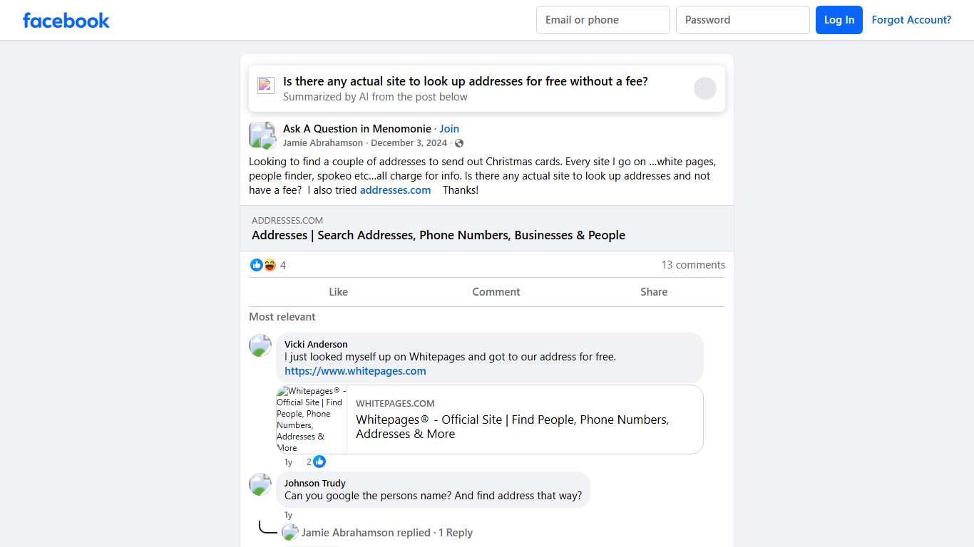 Ask A Question in Menomonie | Looking to find a couple of addresses to send out Christmas cards | Facebook